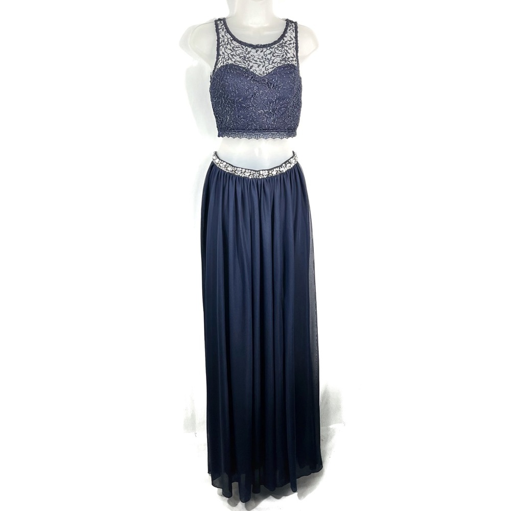 My Michelle Navy Blue Two-Piece Metallic Lace Chiffon Bottom Formal Prom Dress 3